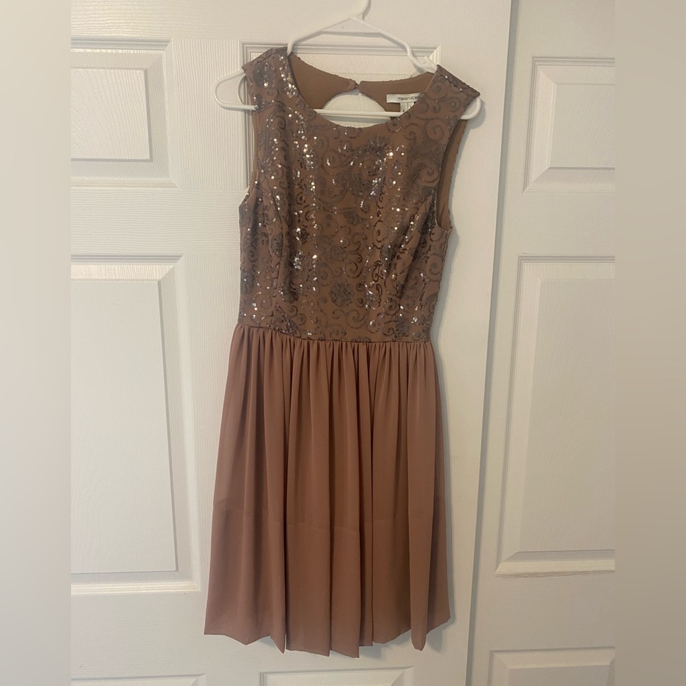 Max & Cleo tan sequin skater dress with cutout back